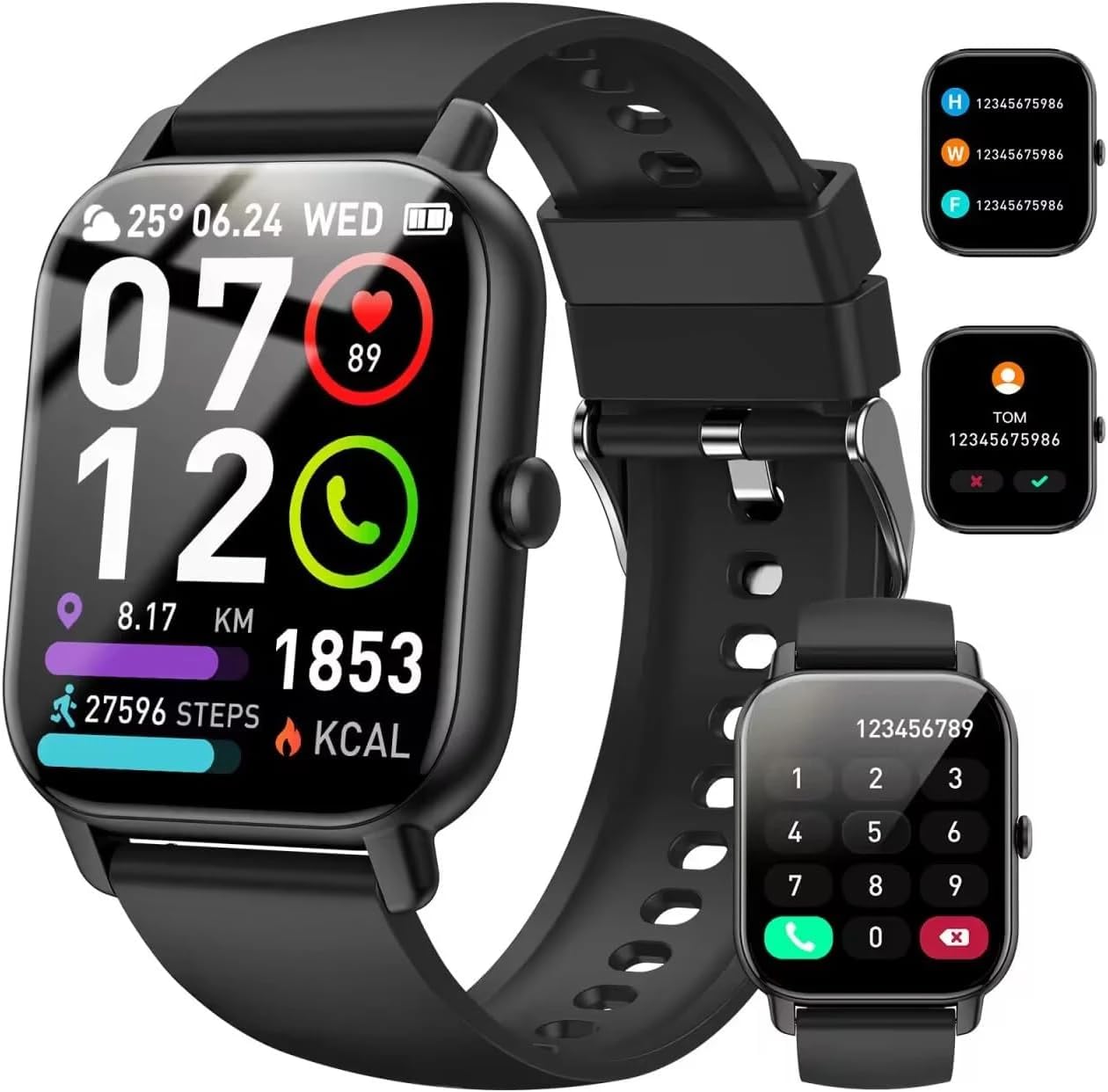 Smartwatch für Damen Herren, 1,85 Zoll Touchscreen Smart Watch mit Bluetooth Anrufe, IP68 Wasserdicht Fitnessuhr mit Herzfrequenzmonitor Schlafmonitor Schrittzähler, Sportuhr für iOS Android, Schwarz