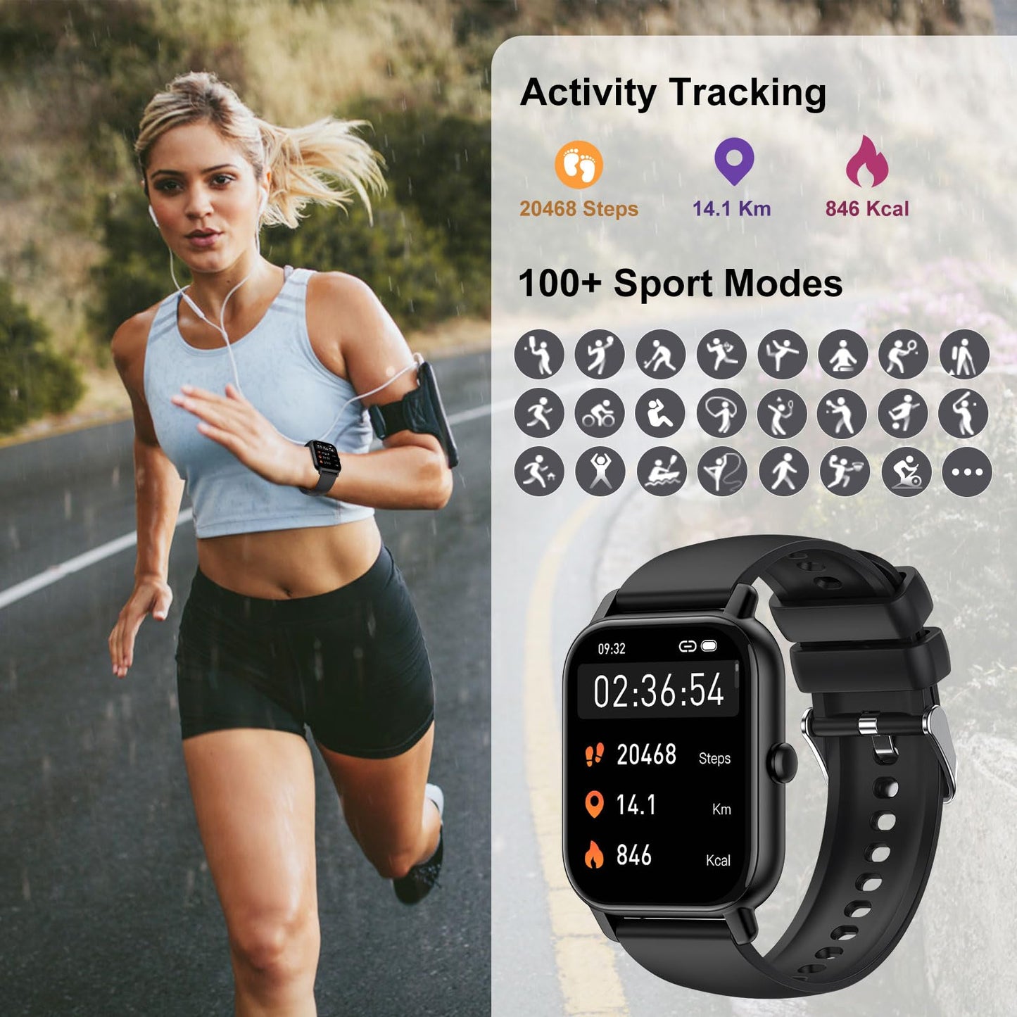 Smartwatch für Damen Herren, 1,85 Zoll Touchscreen Smart Watch mit Bluetooth Anrufe, IP68 Wasserdicht Fitnessuhr mit Herzfrequenzmonitor Schlafmonitor Schrittzähler, Sportuhr für iOS Android, Schwarz