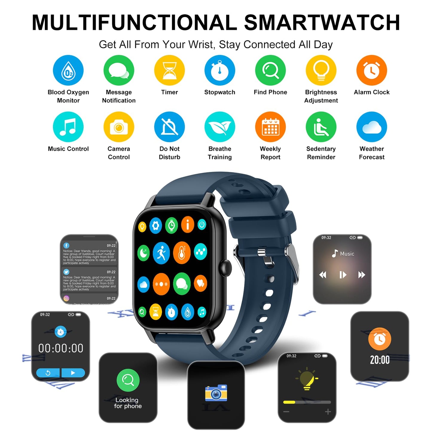 Smartwatch für Damen Herren, 1,85 Zoll Touchscreen Smart Watch mit Bluetooth Anrufe, IP68 Wasserdicht Fitnessuhr mit Herzfrequenzmonitor Schlafmonitor Schrittzähler, Sportuhr für iOS Android, Schwarz