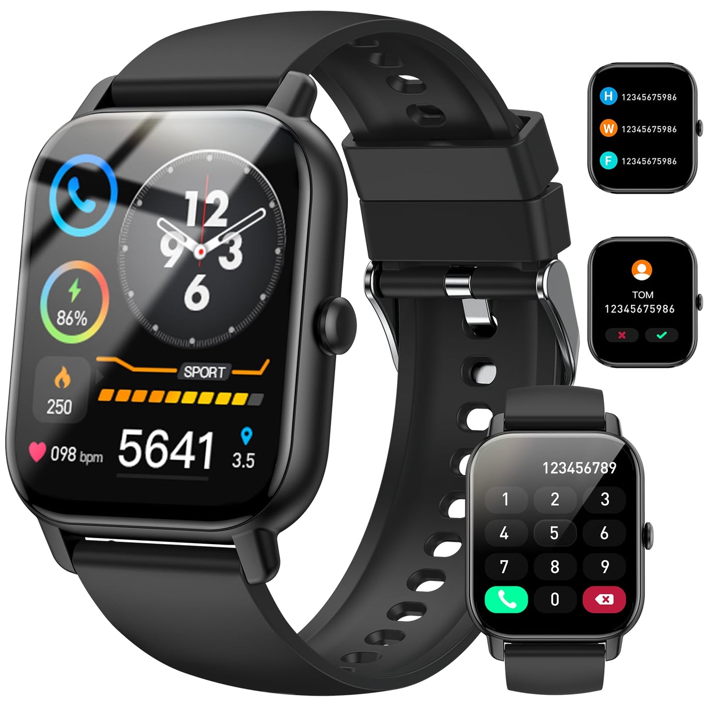 Smartwatch für Damen Herren, 1,85 Zoll Touchscreen Smart Watch mit Bluetooth Anrufe, IP68 Wasserdicht Fitnessuhr mit Herzfrequenzmonitor Schlafmonitor Schrittzähler, Sportuhr für iOS Android, Schwarz