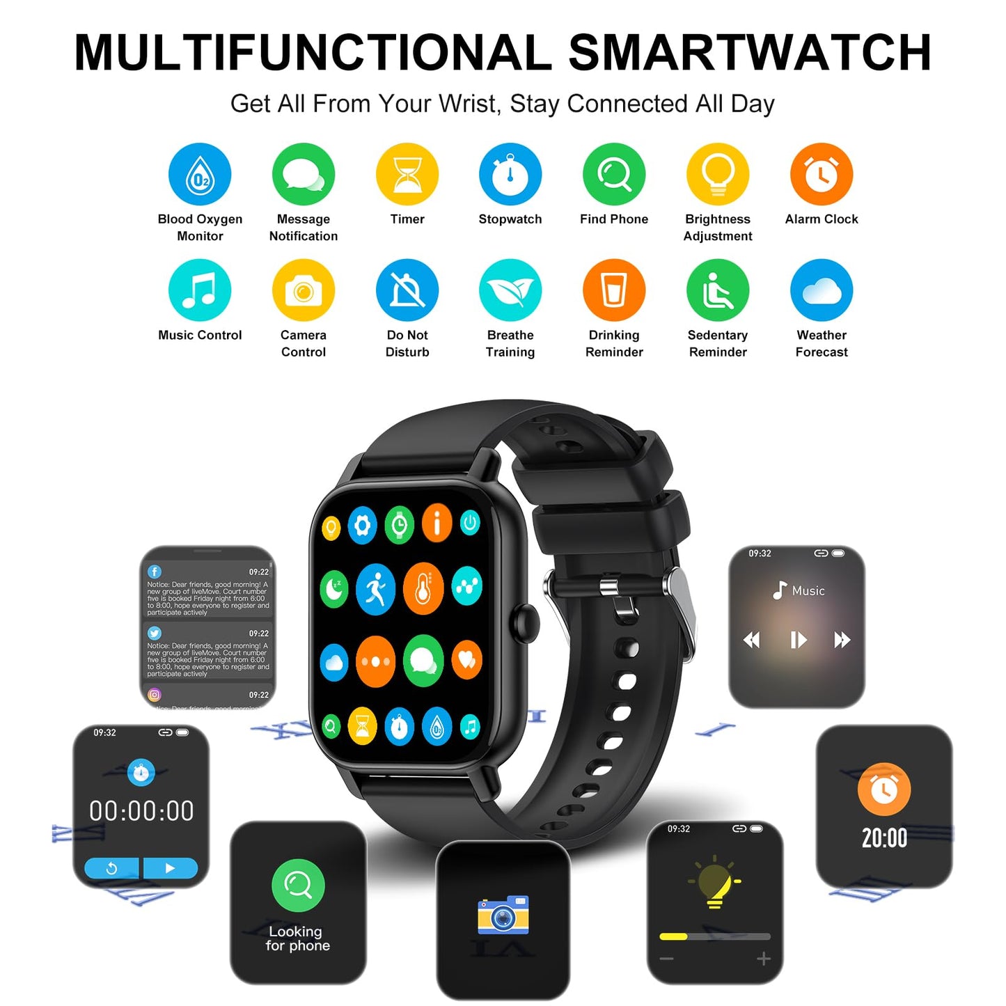 Smartwatch für Damen Herren, 1,85 Zoll Touchscreen Smart Watch mit Bluetooth Anrufe, IP68 Wasserdicht Fitnessuhr mit Herzfrequenzmonitor Schlafmonitor Schrittzähler, Sportuhr für iOS Android, Schwarz