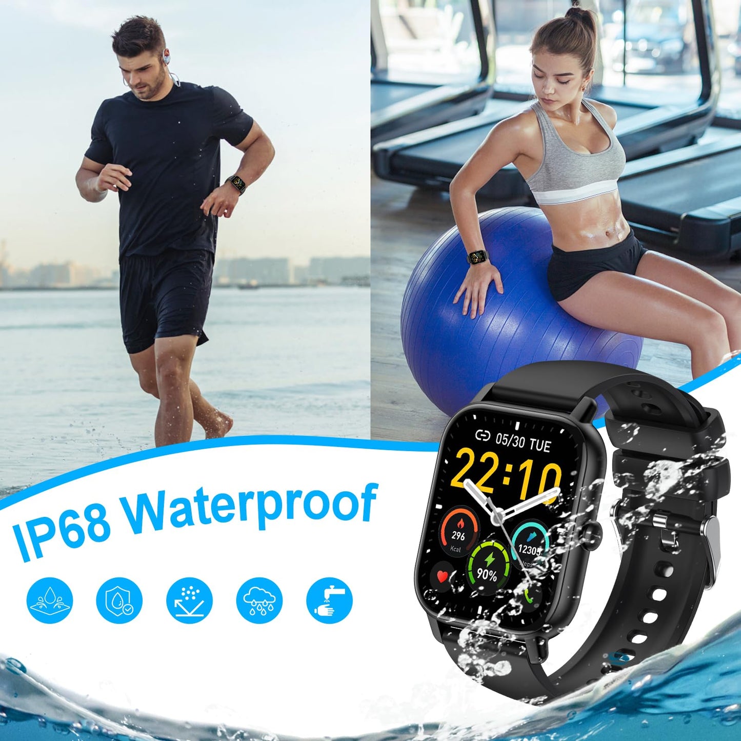 Smartwatch für Damen Herren, 1,85 Zoll Touchscreen Smart Watch mit Bluetooth Anrufe, IP68 Wasserdicht Fitnessuhr mit Herzfrequenzmonitor Schlafmonitor Schrittzähler, Sportuhr für iOS Android, Schwarz