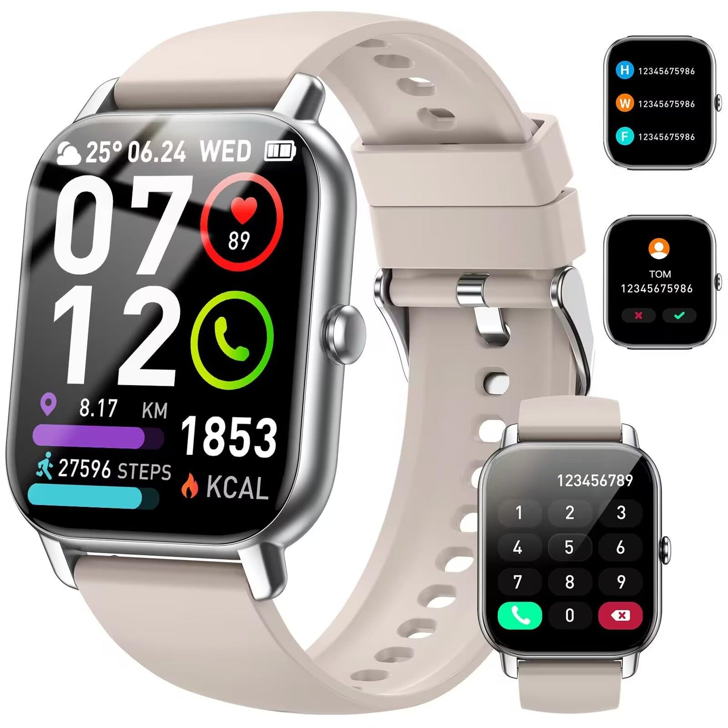 Smartwatch für Damen Herren, 1,85 Zoll Touchscreen Smart Watch mit Bluetooth Anrufe, IP68 Wasserdicht Fitnessuhr mit Herzfrequenzmonitor Schlafmonitor Schrittzähler, Sportuhr für iOS Android, Schwarz