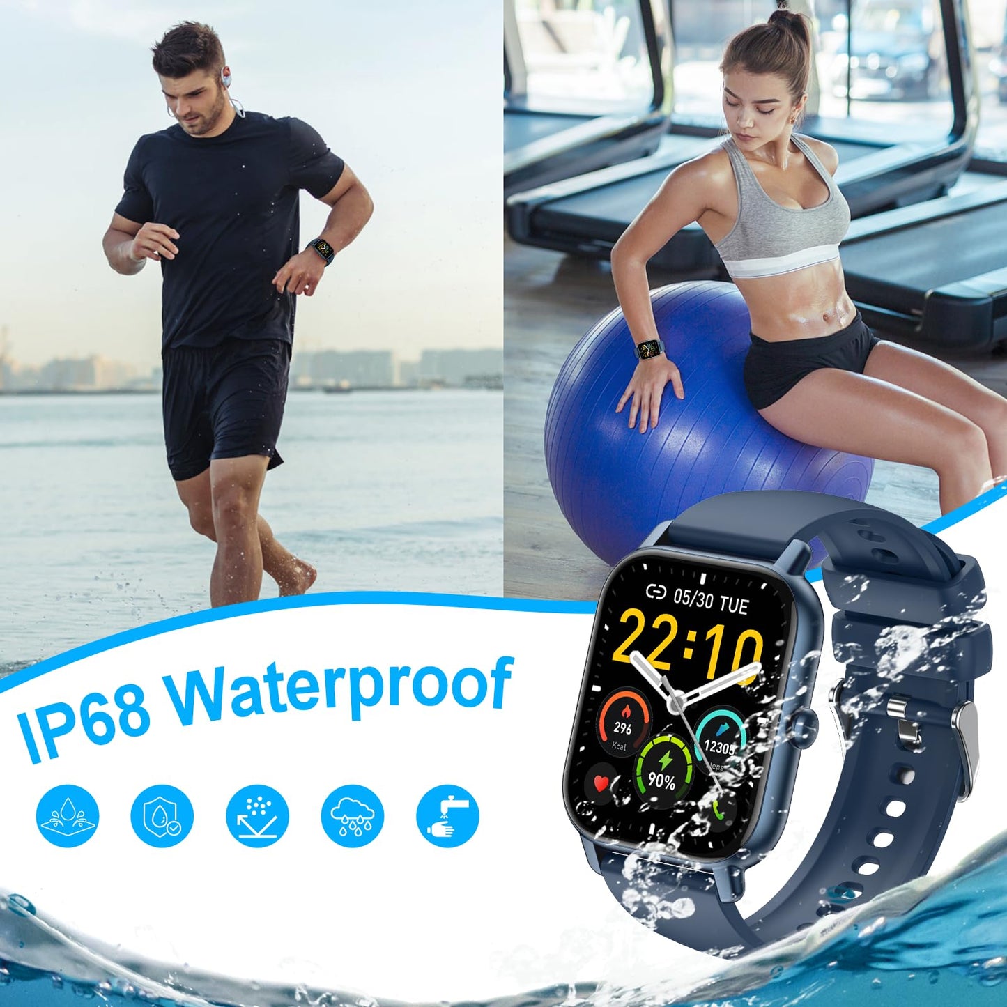 Smartwatch für Damen Herren, 1,85 Zoll Touchscreen Smart Watch mit Bluetooth Anrufe, IP68 Wasserdicht Fitnessuhr mit Herzfrequenzmonitor Schlafmonitor Schrittzähler, Sportuhr für iOS Android, Schwarz